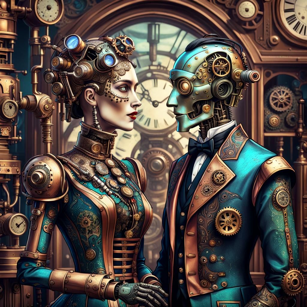 Victorian Robot Couple in Steampunk Style