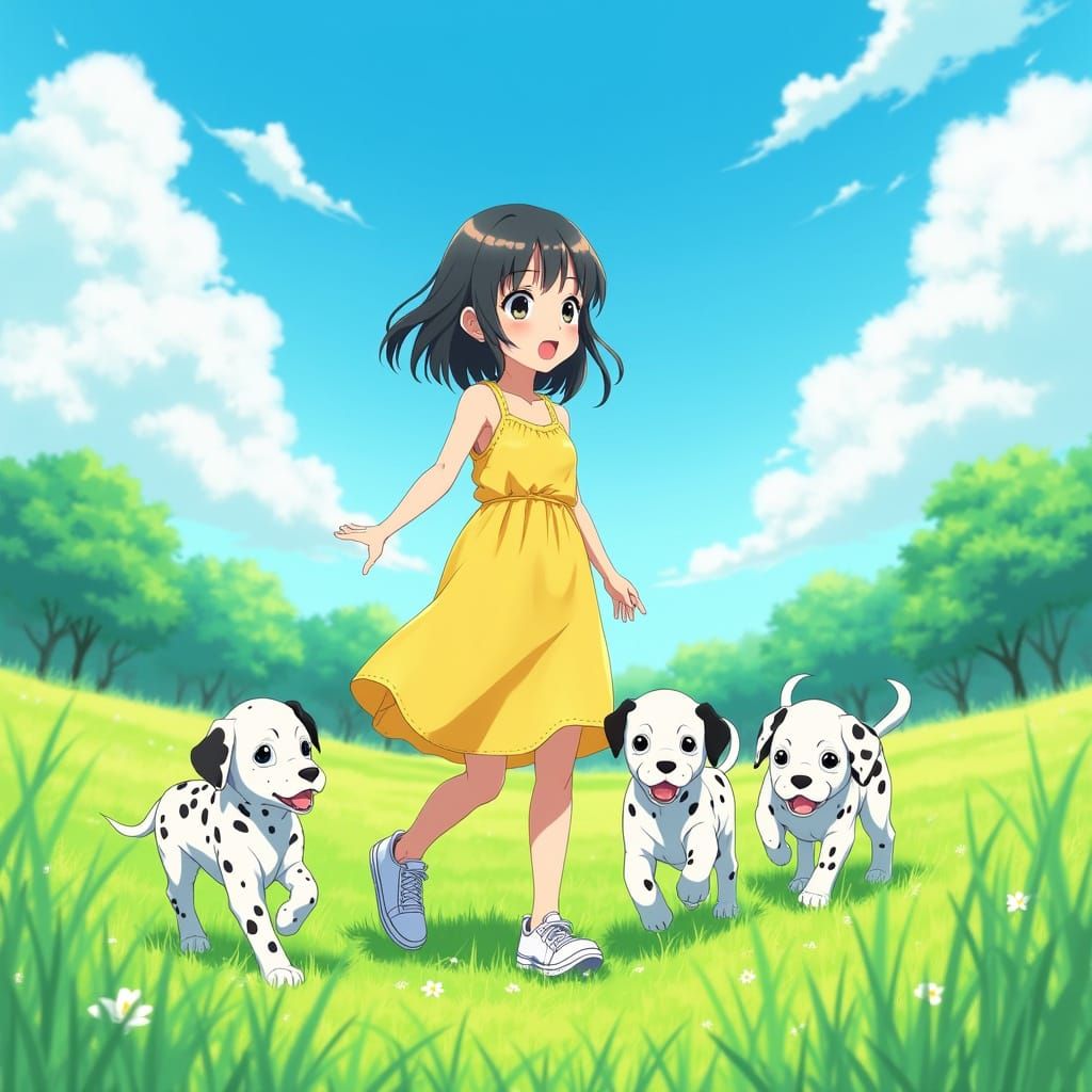 Girl and Dalmatian Puppies in Anime Style