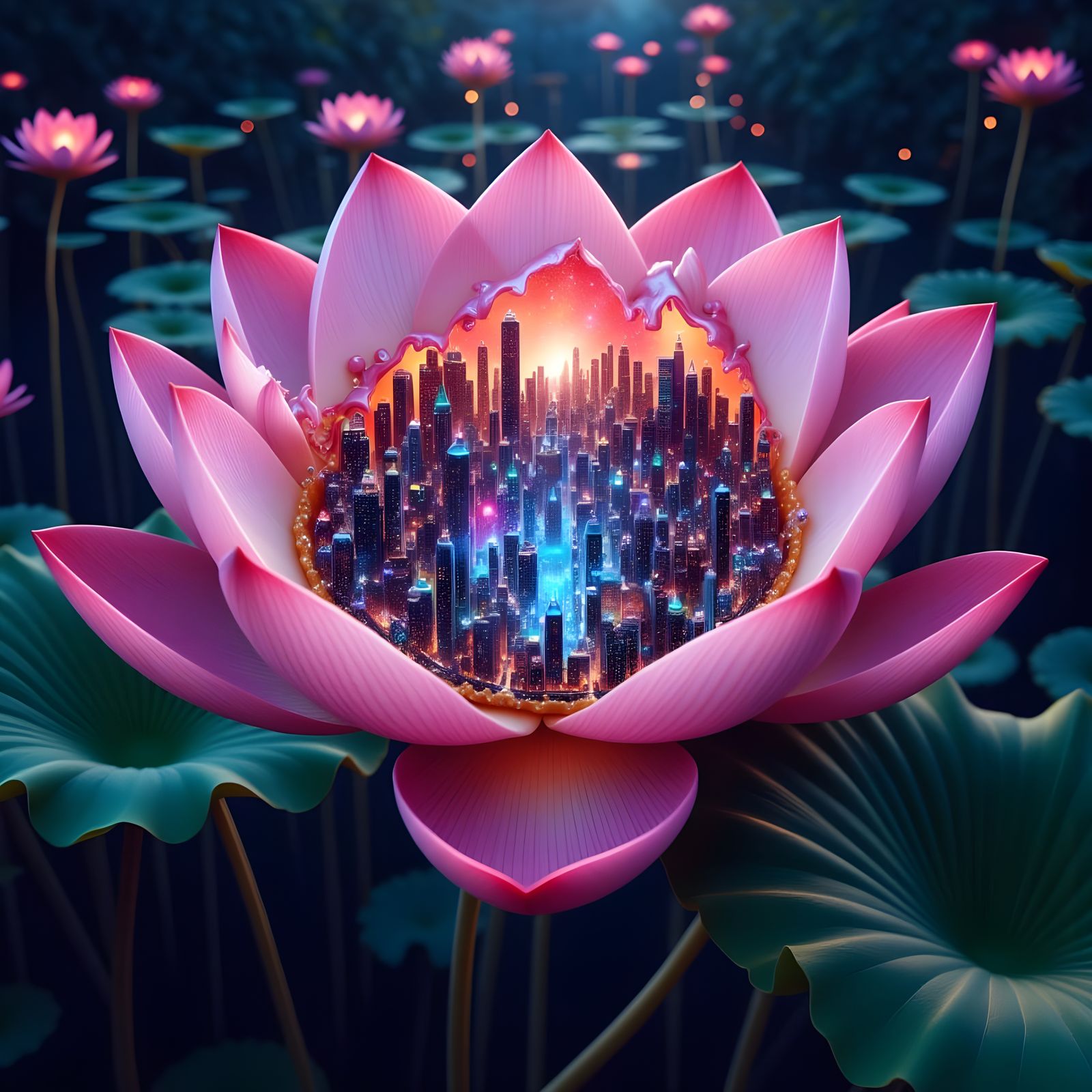 Neon Lotus Cityscape in Futuristic Style