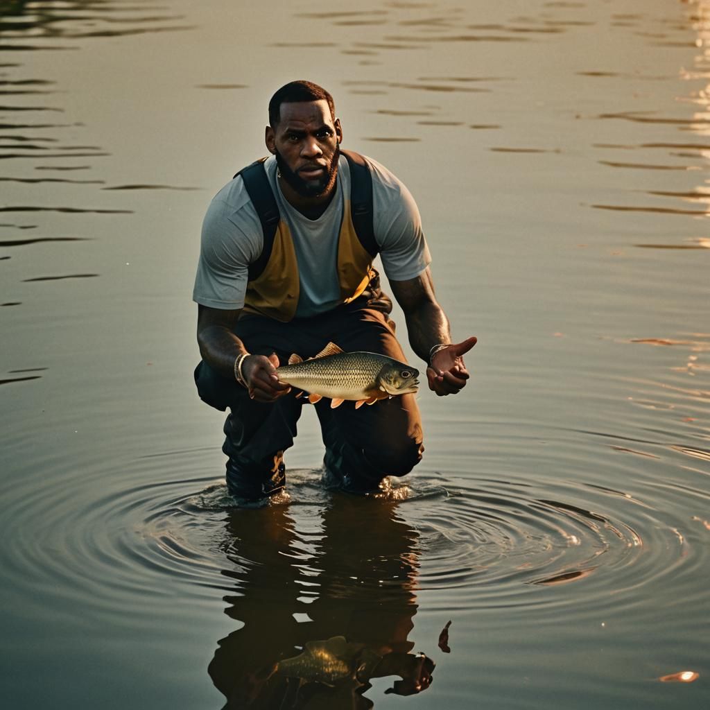 Lebron James Holding a Fish: Cinematic Film Still