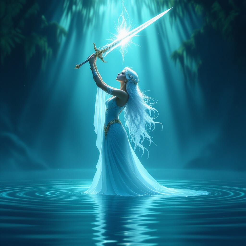 Ethereal Woman Rises From Misty Lake With Radiant Sword