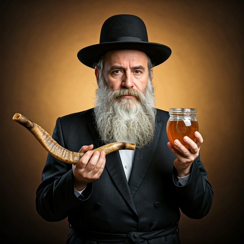Orthodox Jew with Shofar and Honey, in Hyper-Realism