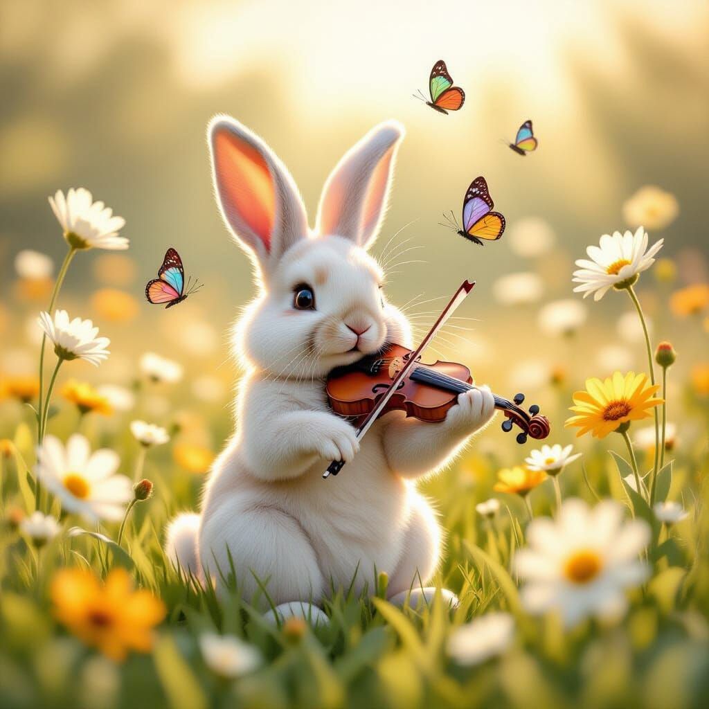 Giant Rabbit Plays Violin in Whimsical Wildflower Meadow
