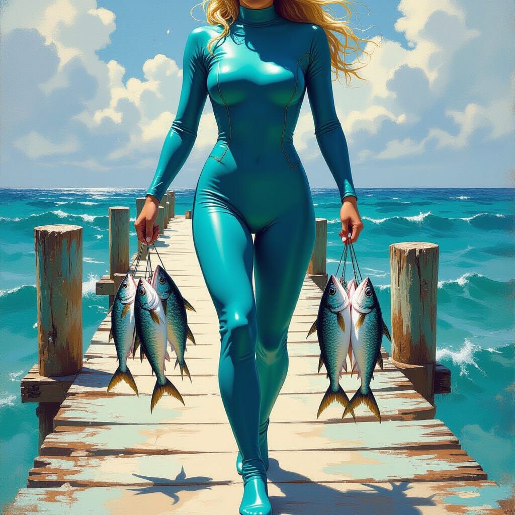 Elf on Dock Carrying Fish in Fantasy Art Style