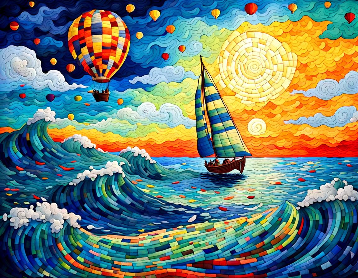 Quilted Serene Seascape with Patchwork Sailboats