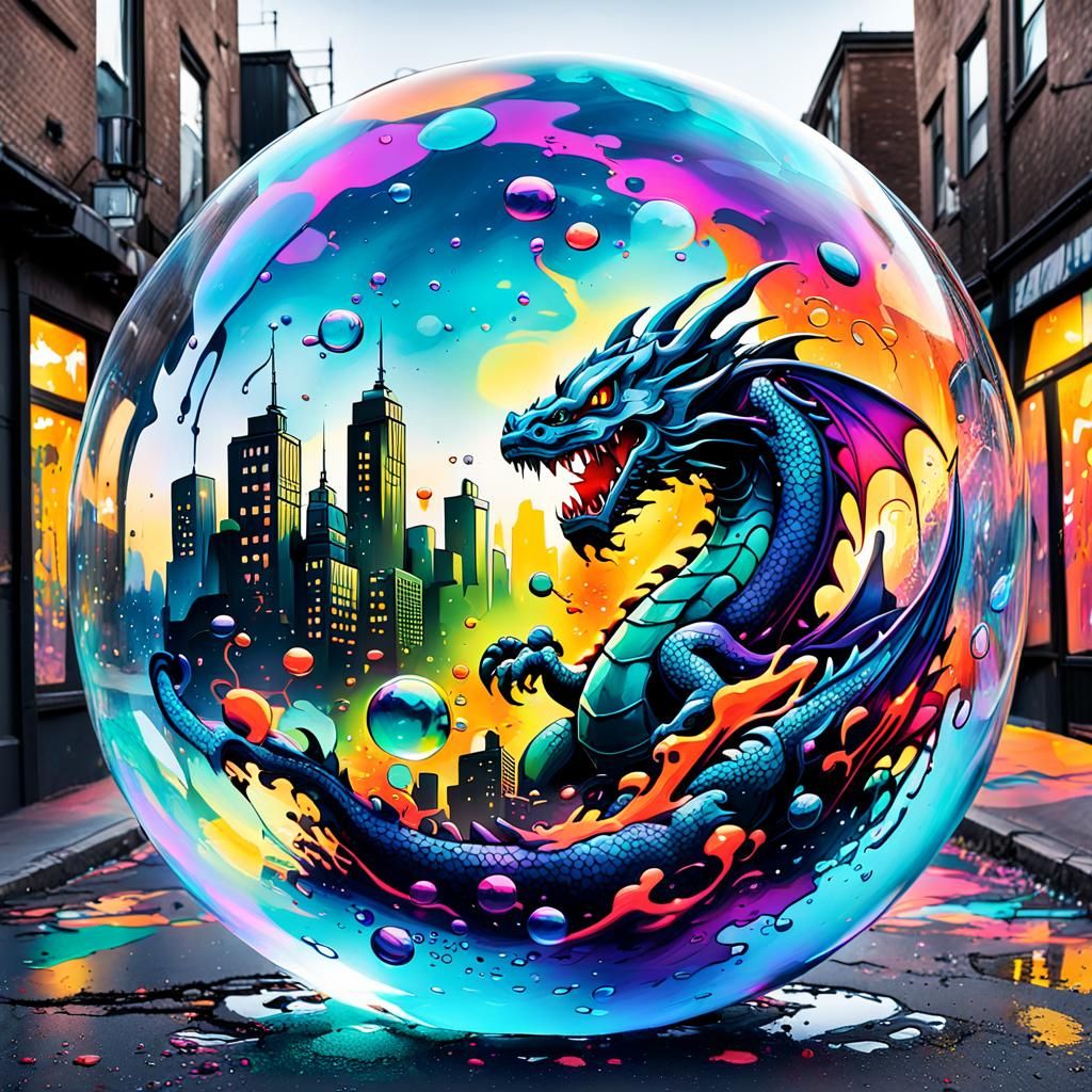 Vibrant Bubble Cityscape in Graffiti Art Style