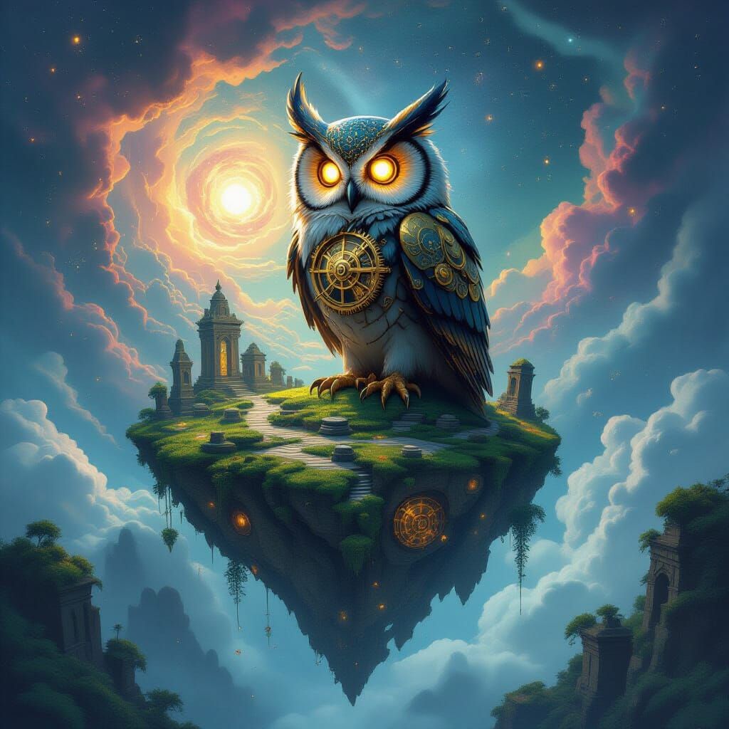 Clockwork Owl on Floating Island Amidst Cosmic Nebula