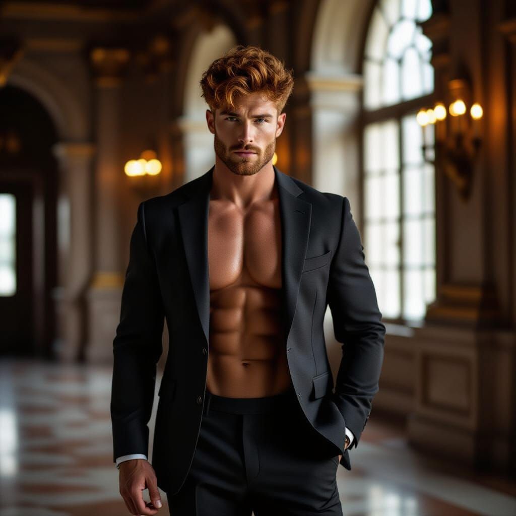 Muscular Man With Messy Red Hair In Dimly Lit Palace