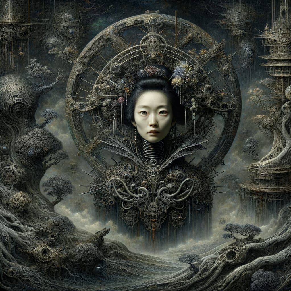 Biomechanical Japanese Woman in Surreal Sci-Fi Landscape
