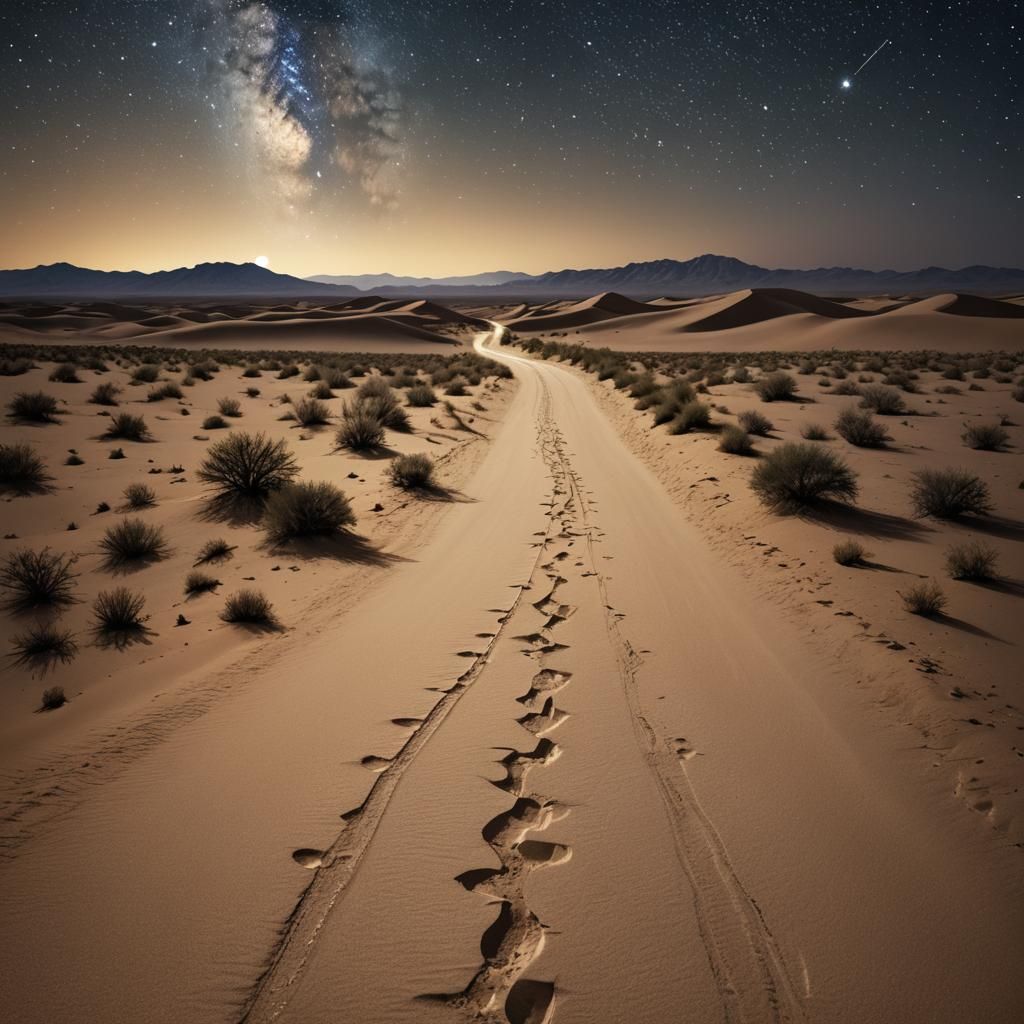 Hyperrealistic Desert Journey Under Starry Night