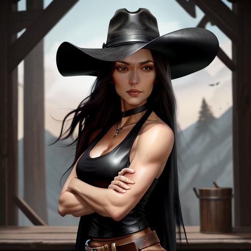 Cowgirl with Black Hat and Leather Duster in 4k