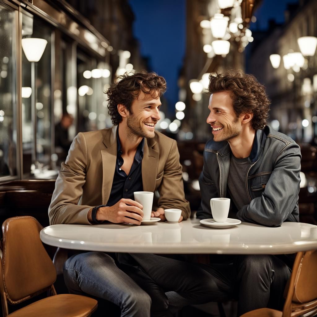 Enchanted Men in Paris Cafe at Night