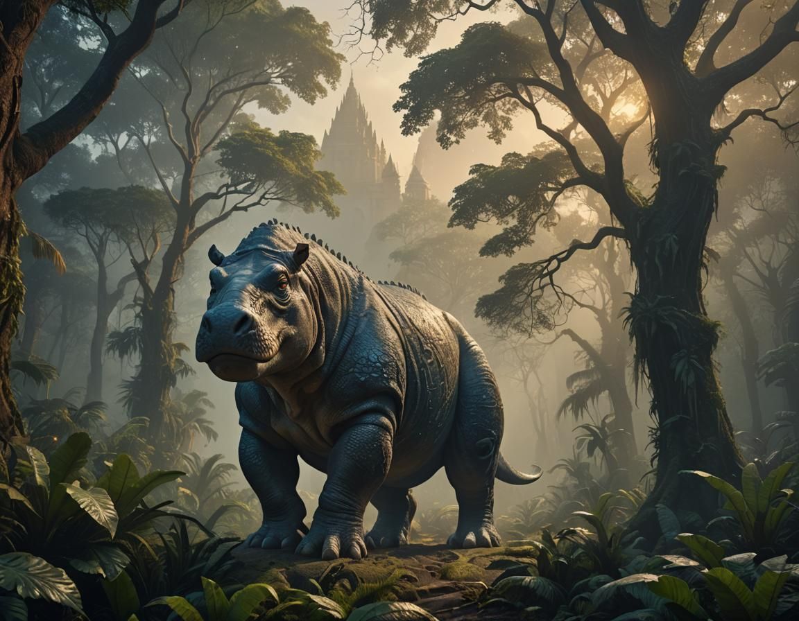 Dinosaur-Hippopotamus Hybrid Emerges from Misty Jungle