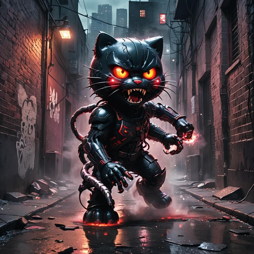 Hello Kitty Battles Venom in Dark Alley: Hyperrealistic Art