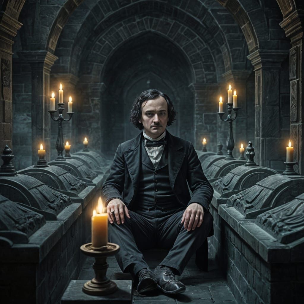 Gothic Portrait of Edgar Allan Poe in Family Crypt