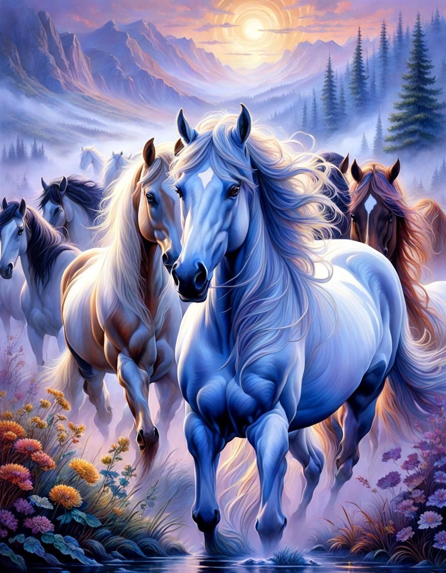 Wild Horses in Mist: Detailed Concept Art