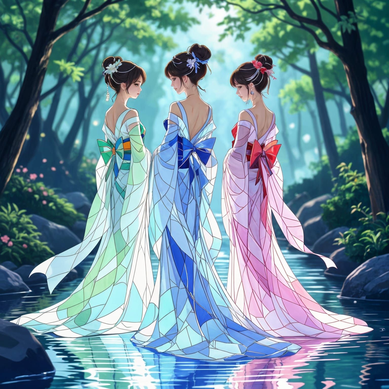 Graceful Women in Luminous Glass Kimono Dresses