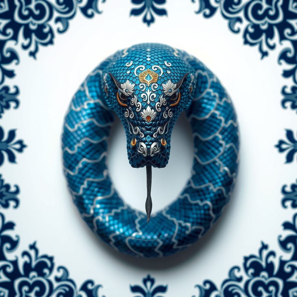Fantasy Snake Sculpture with Intricate Slavic Floral Pattern...