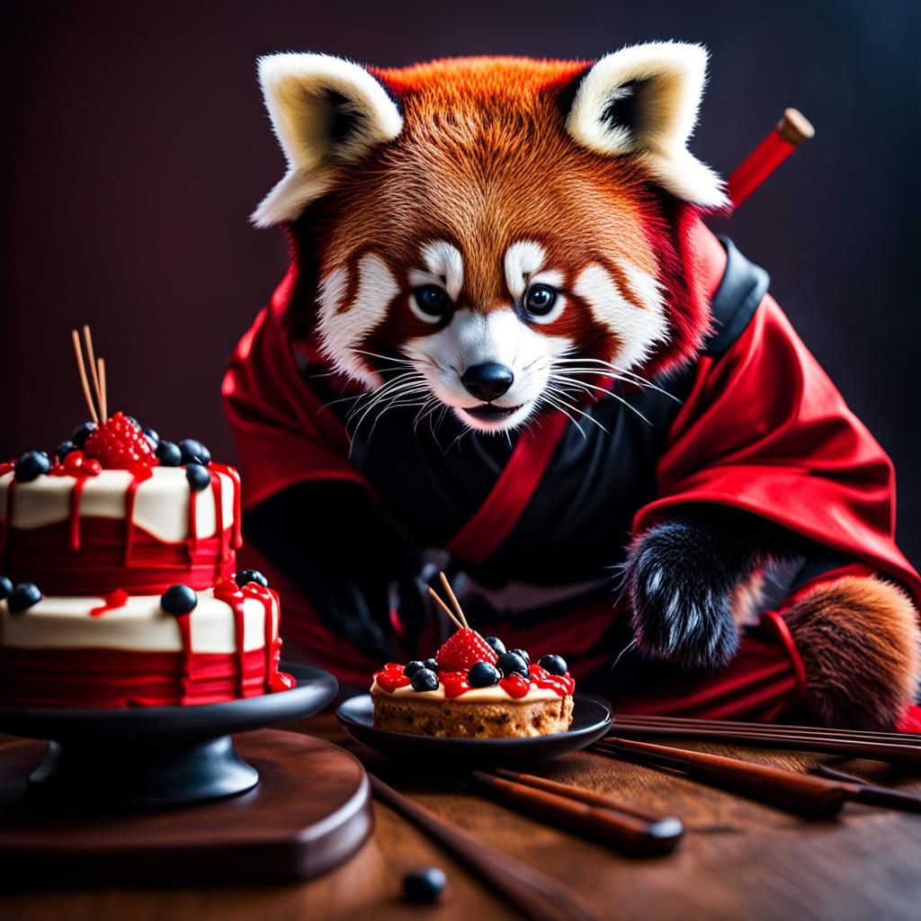 Red Panda Ninja with Cake Theme, Hyperrealistic Image