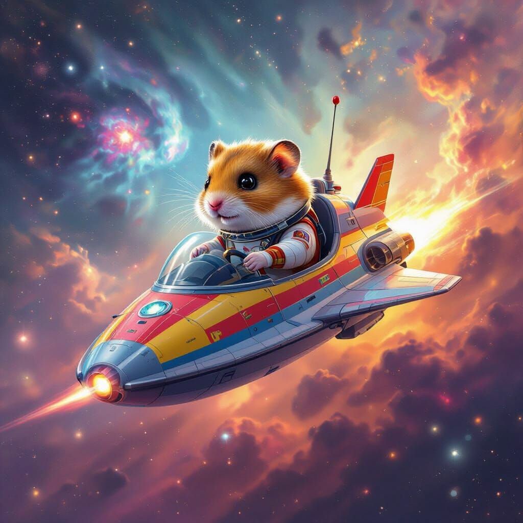 Hamster Pilot Navigating Nebula in Space Opera Style