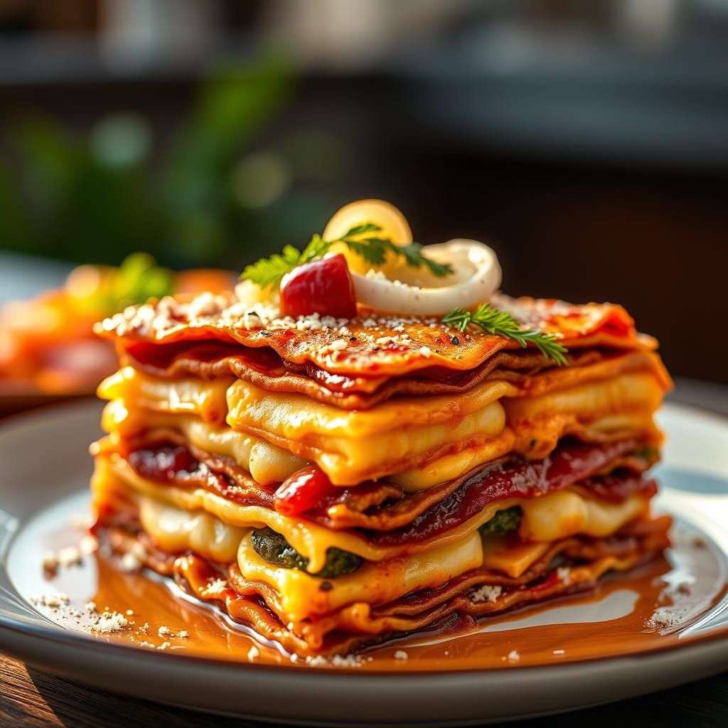 Hyperrealistic Lasagna with Truffle, Salami, Potatoes & Onio...