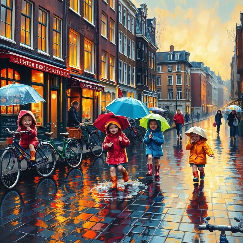 Impressionist Rainy Amsterdam Street Scene with Smiling Chil...