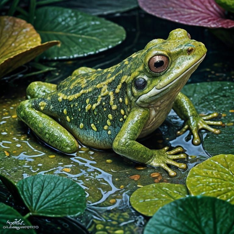 Rainbow Frogs Leaping in Jungle Pond