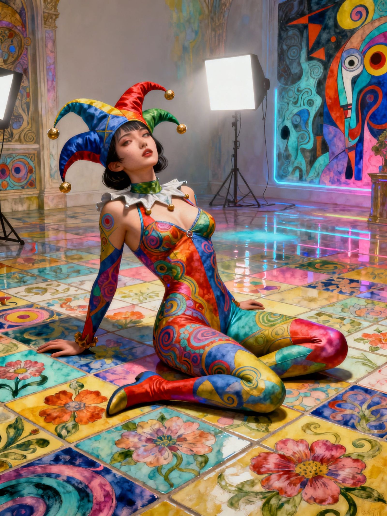 Cyberpunk Jester Woman on Floral Tiled Floor