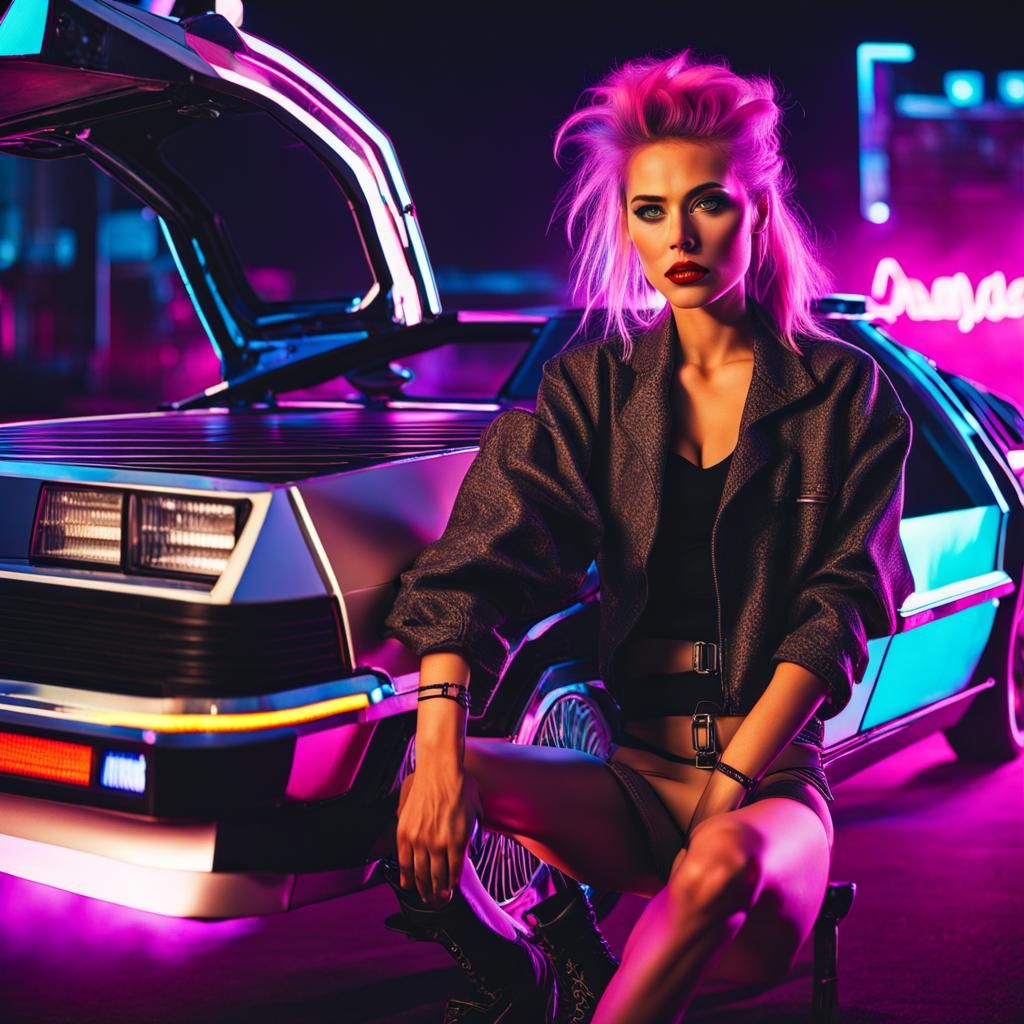 Beautiful Punk Woman in Synthwave Neon Retro Style