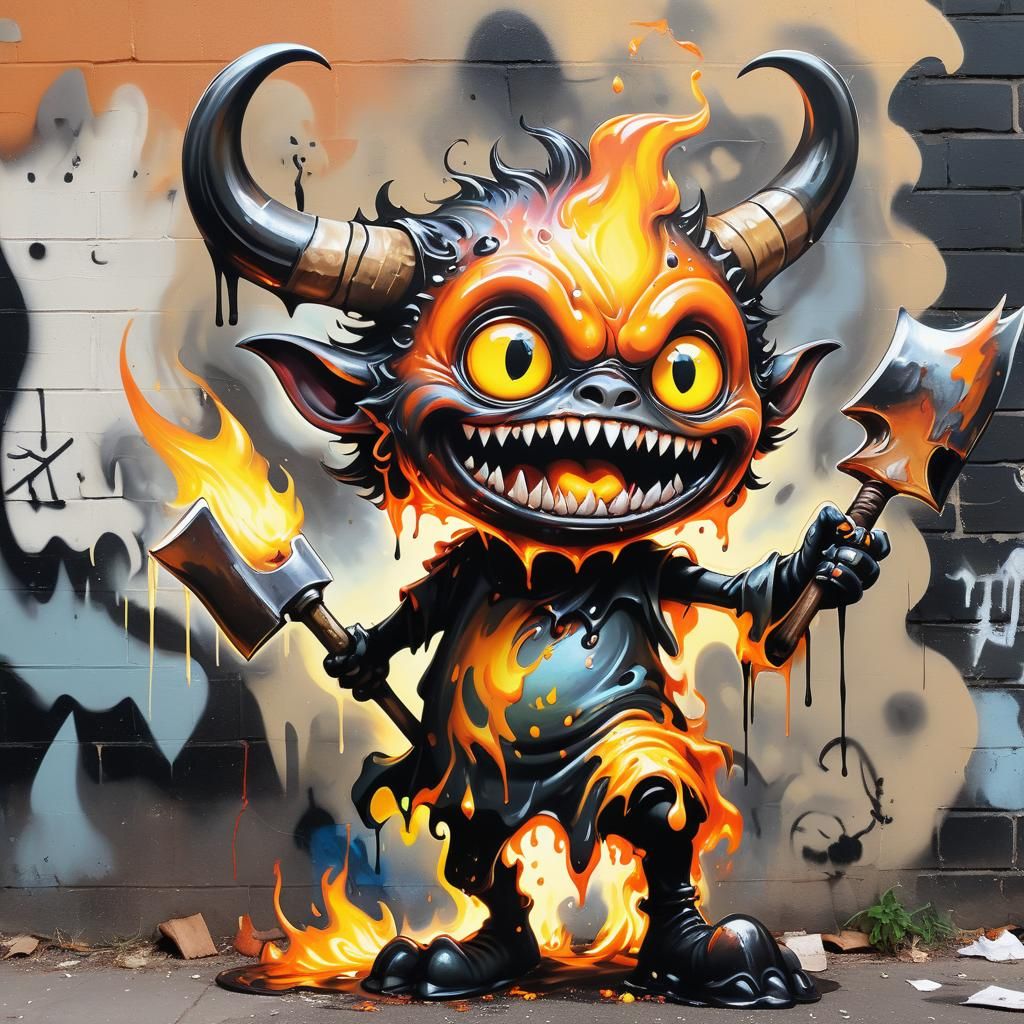 Creepy Monster in Flame, as Graffiti Art