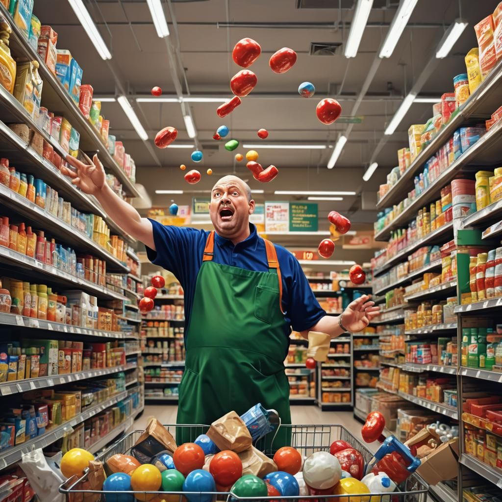 Overwhelmed Man in Supermarket: Humorous Digital Painting