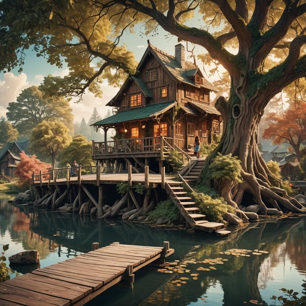 Whimsical Fantasy Architecture with Wooden House