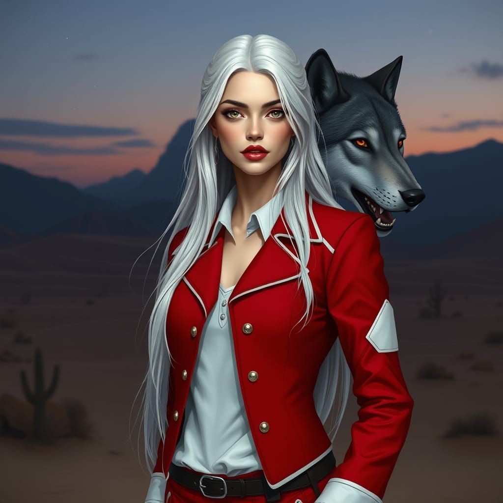 Confident Young Woman with White Hair and Wolf's Head in Twi...