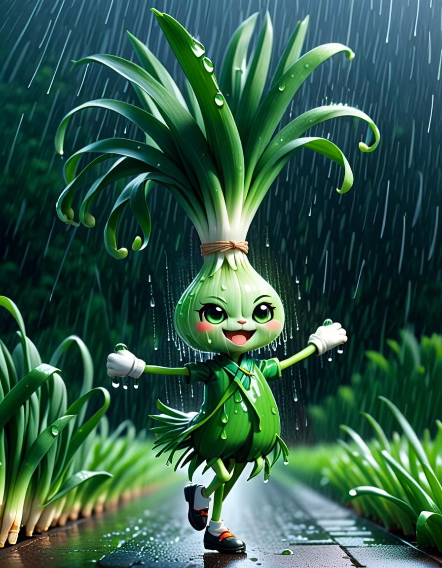 Anthropomorphic Chibi Green Onion Dancing in Rain