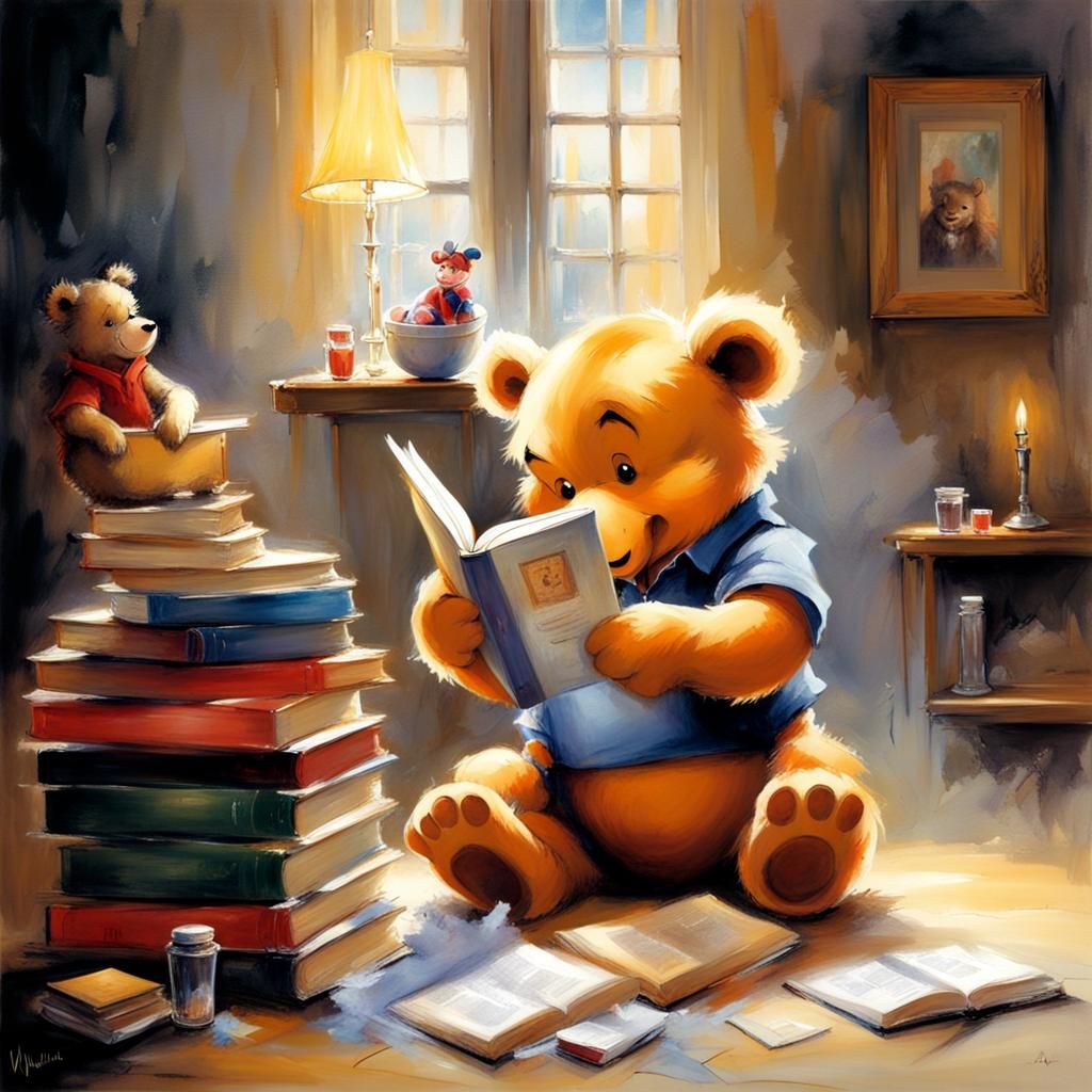Winnie the Pooh Reading, Acrylic Painting