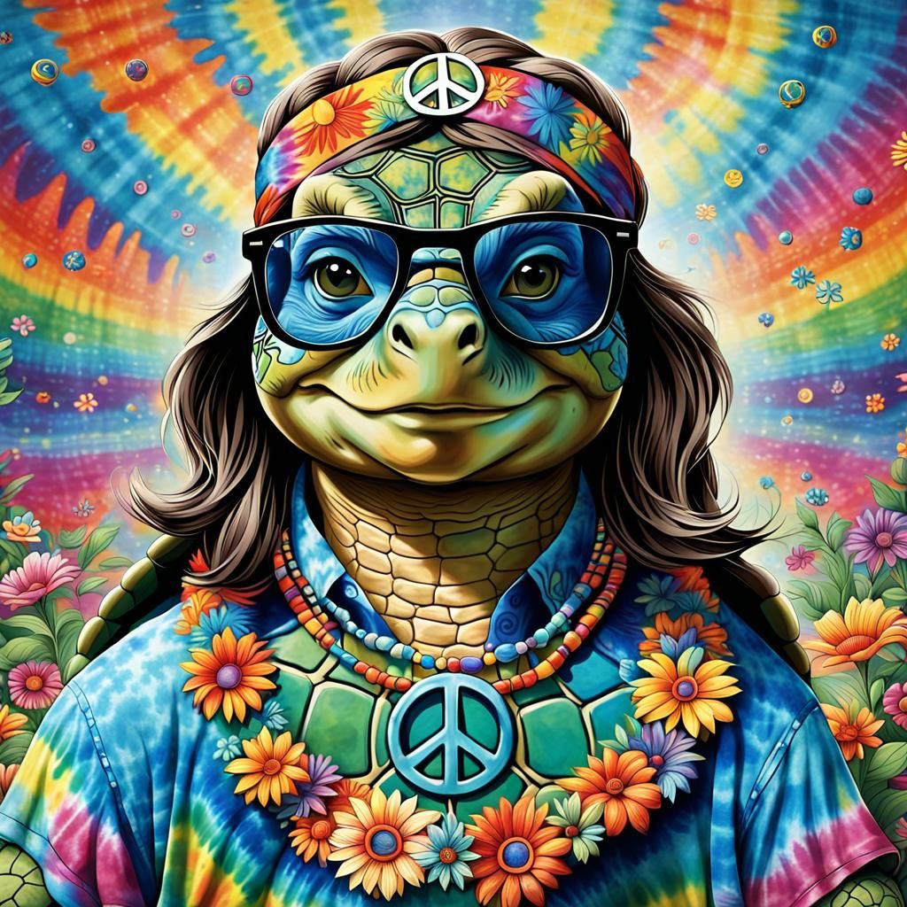 Flower Power Turtle in Hippie Style