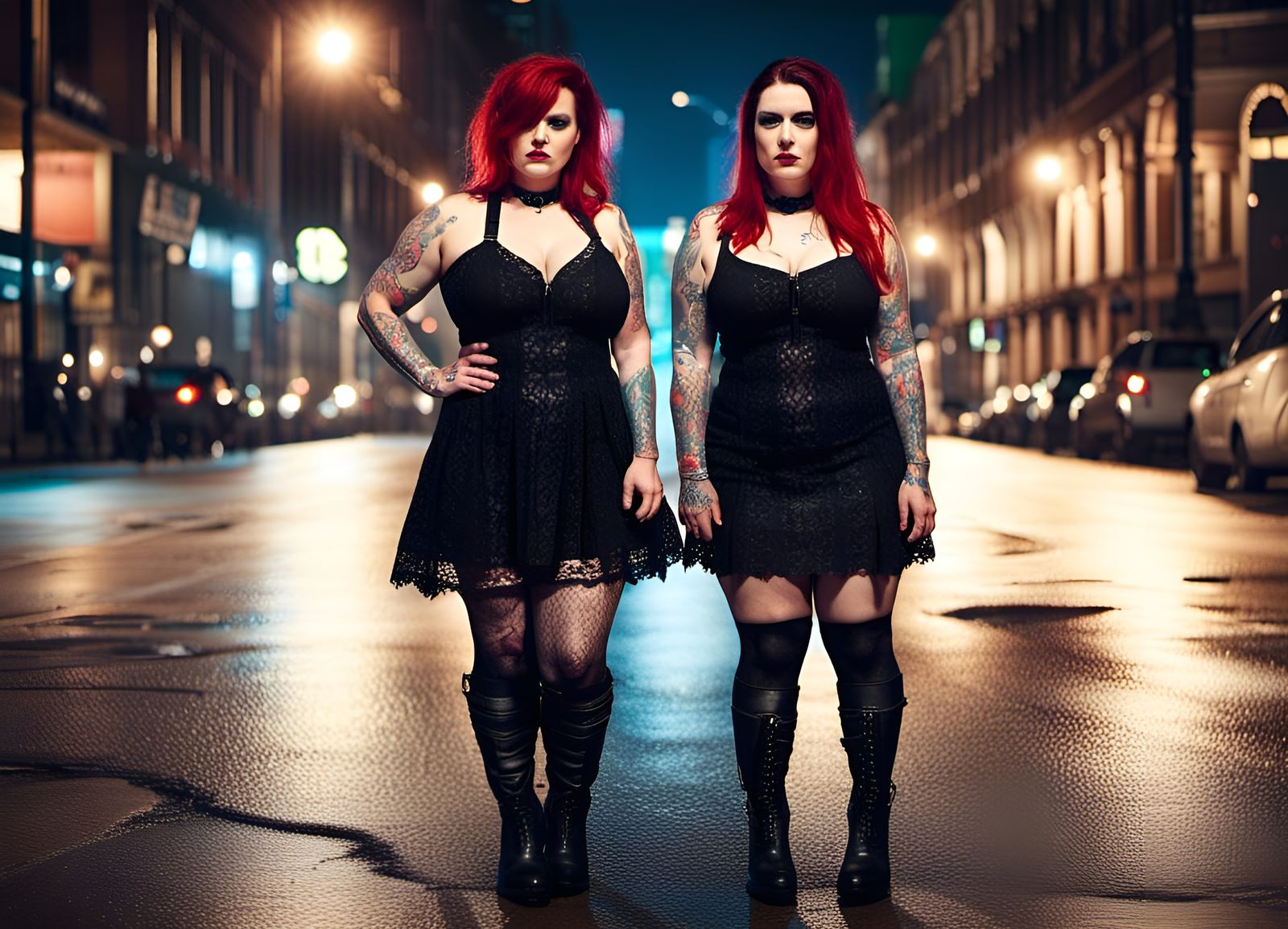 Curvy Goth Women Posing in Street at Night