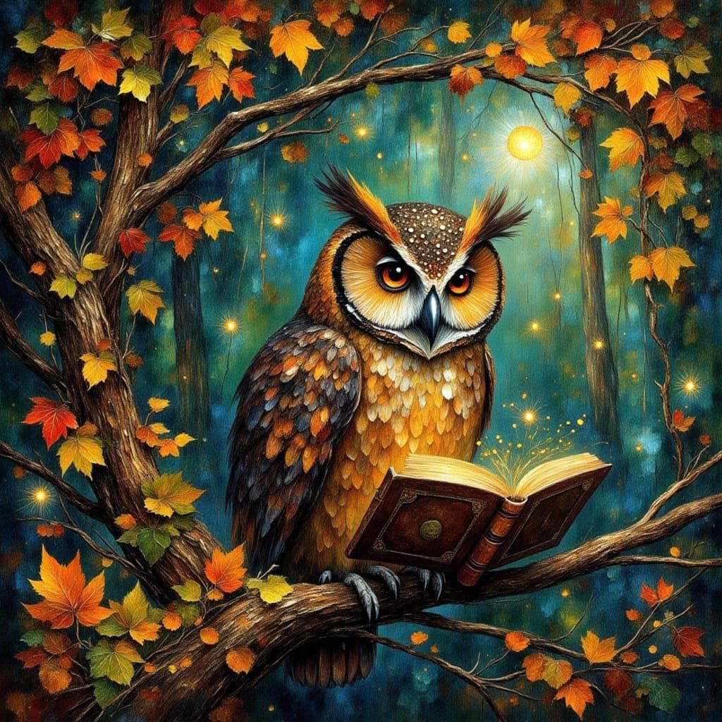 Wise Owl Reads Ancient Book Amidst Magical Autumn Forest