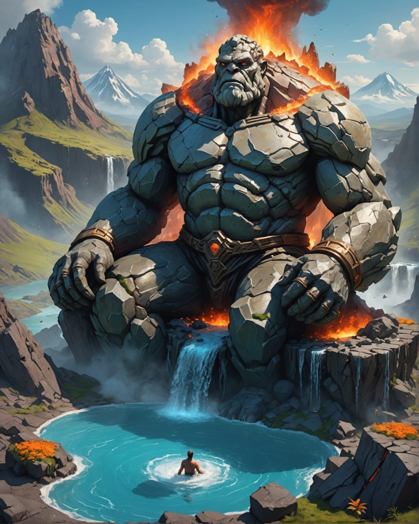 Stone Giant Relaxing in Volcano Hot Tub