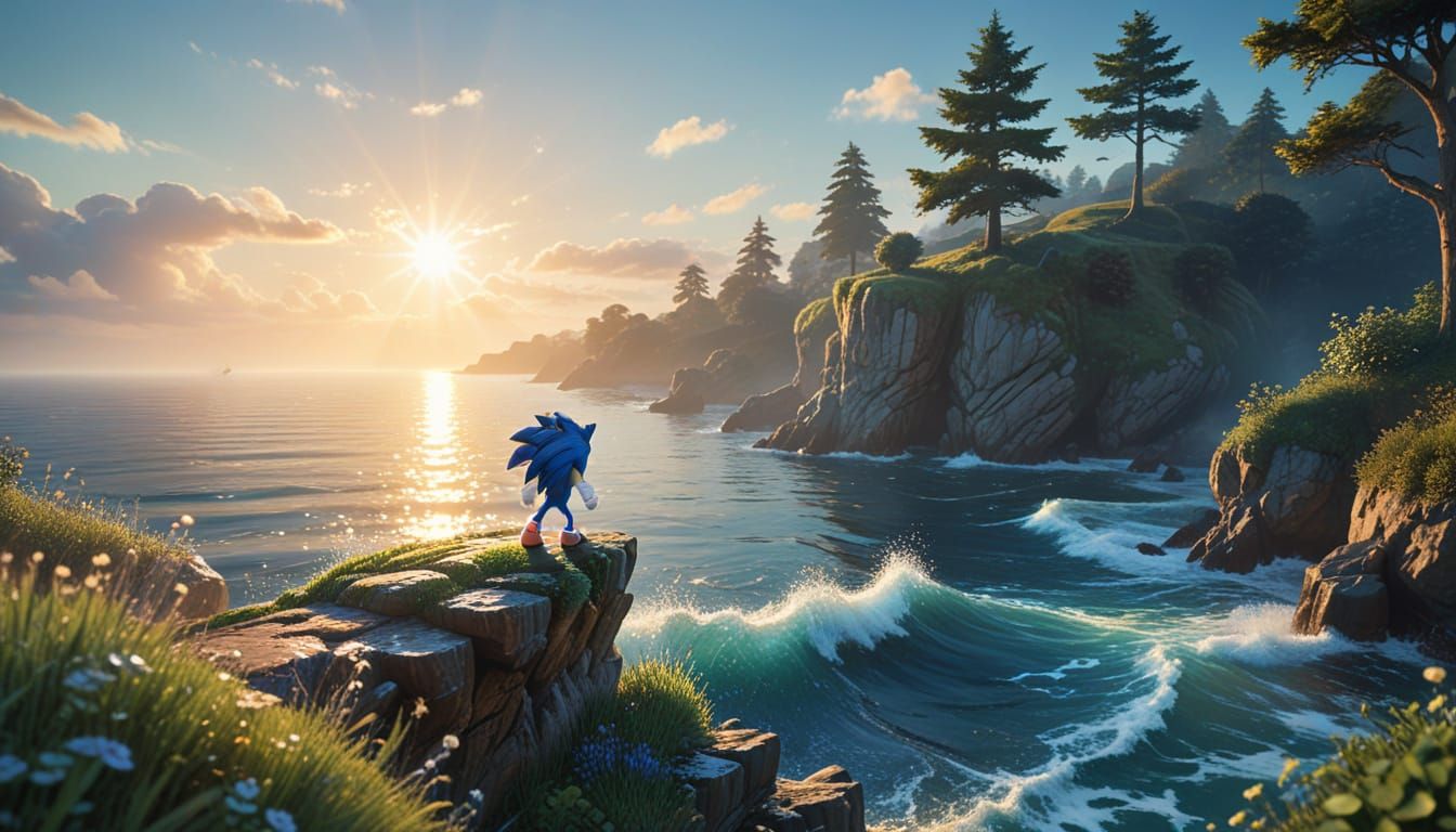 Sonic in a Dreamy Watercolor Landscape