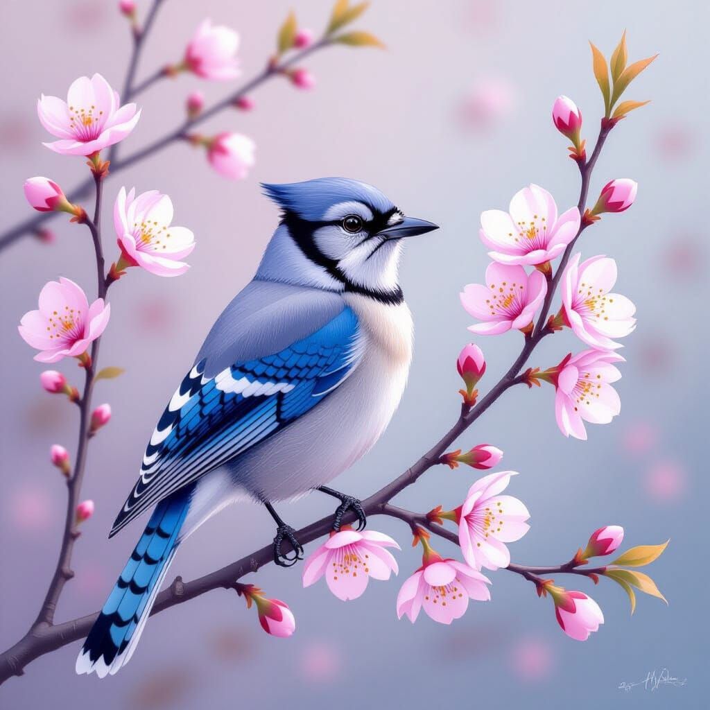 Bird on Cherry Blossom Branch, Painterly Spring Scene