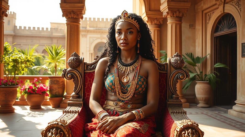 Regal Nubian Queen on Throne in Al-Fresco Palace