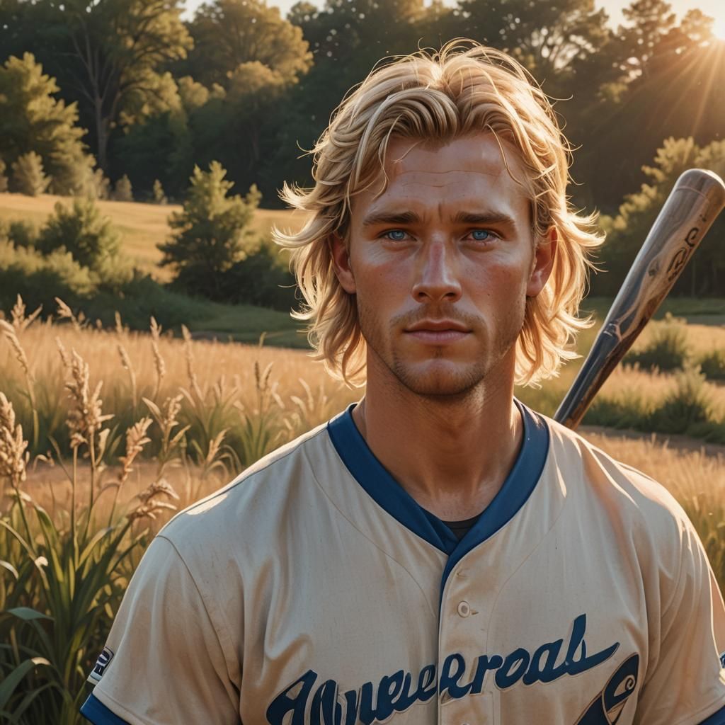 Hyperrealistic Baseball Player with Mullet in Golden Light