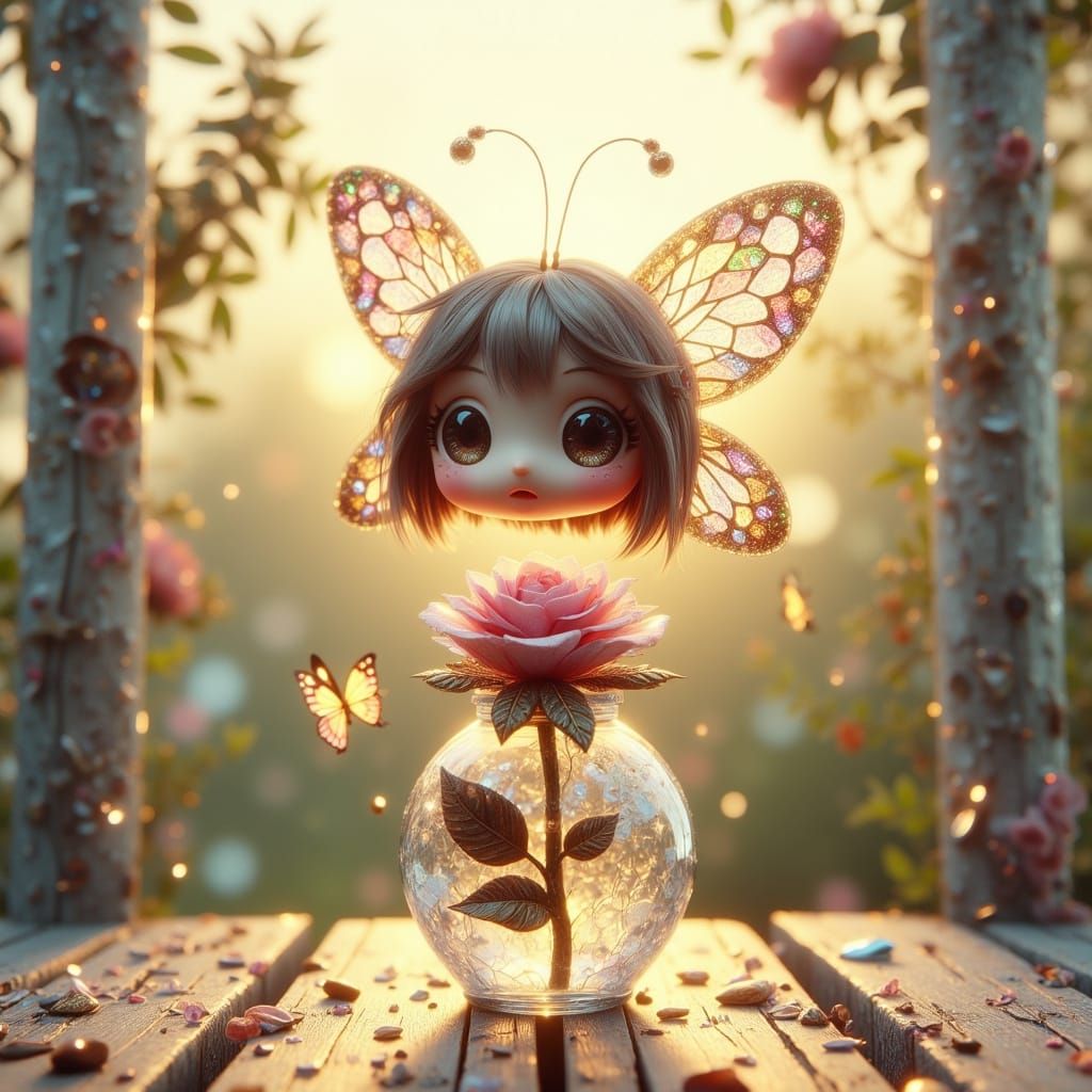 Chibi Butterfly Confused by Glass Rose