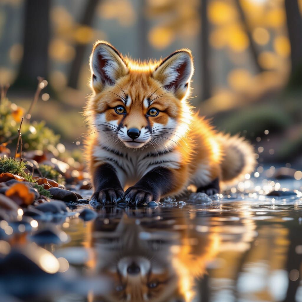Cute Fox Gazes at Reflection in Autumn Stream