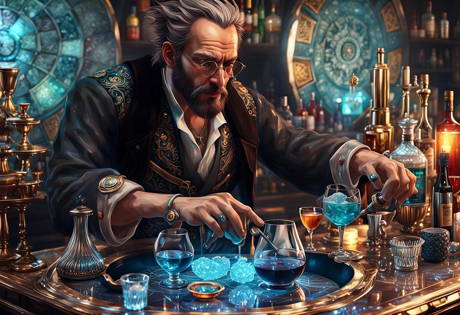 Detailed Alchemist Bartender with Crystal Cocktails