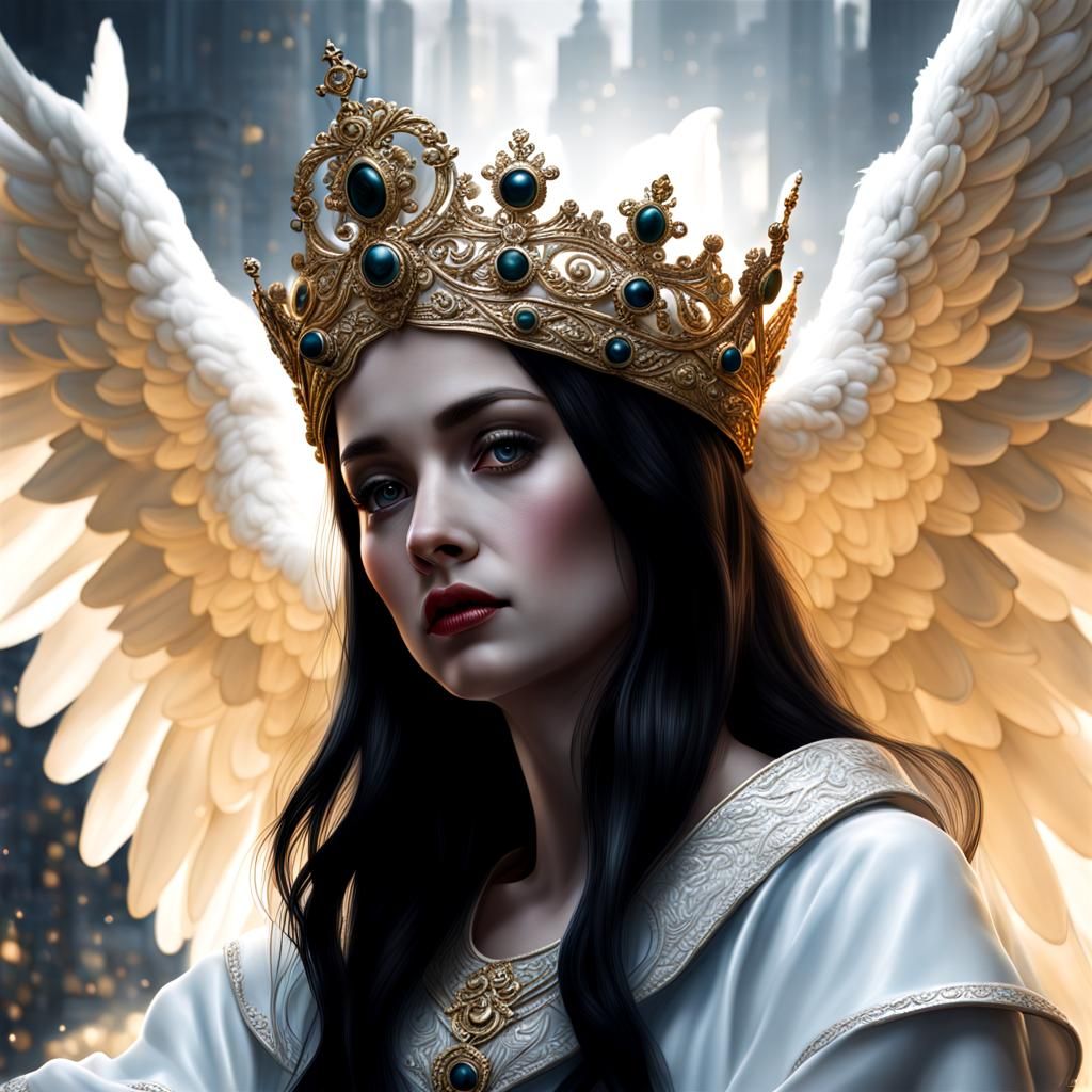 Hyperrealistic Queen with Angels in Darkness