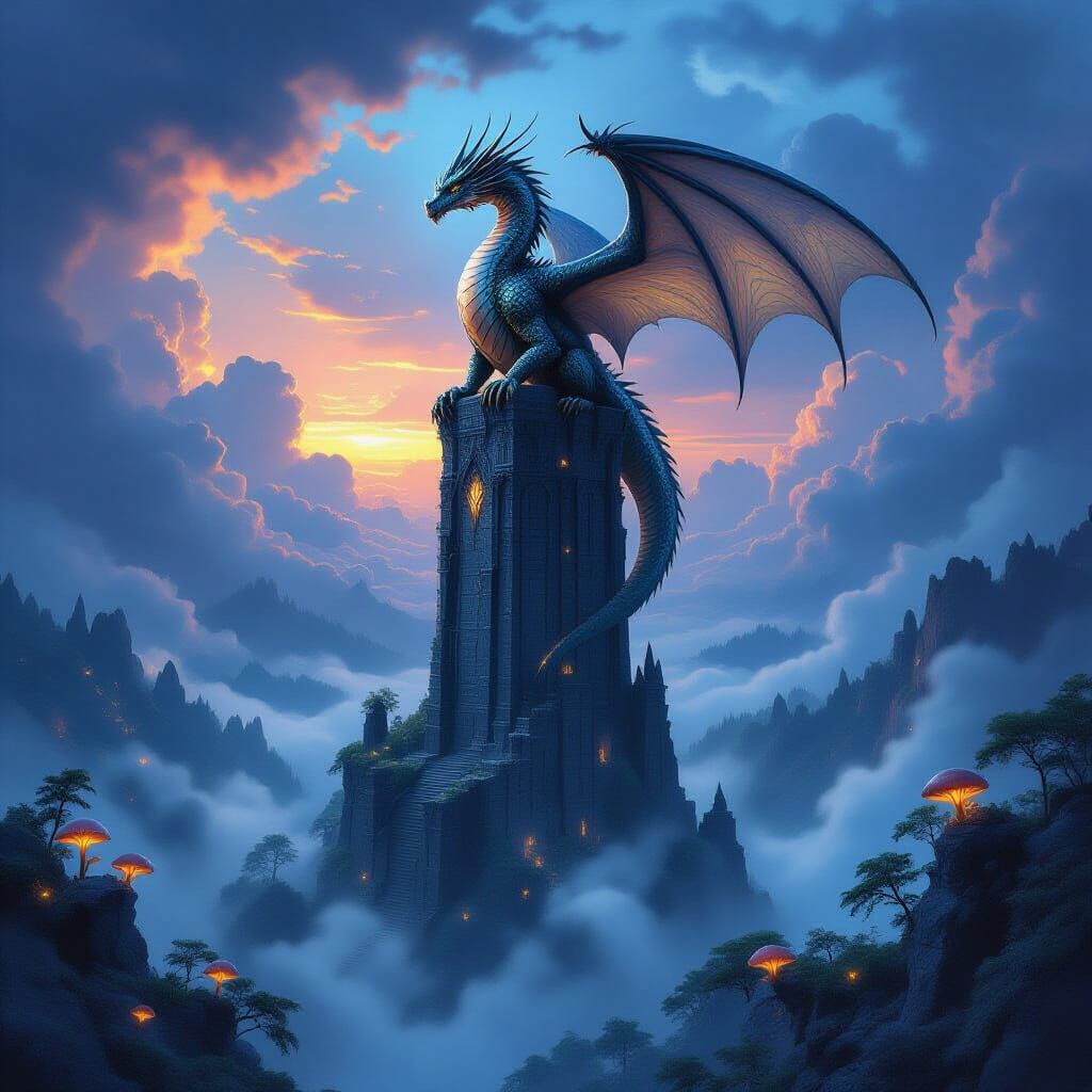 Majestic Dragon on Obsidian Tower in Stormy Twilight