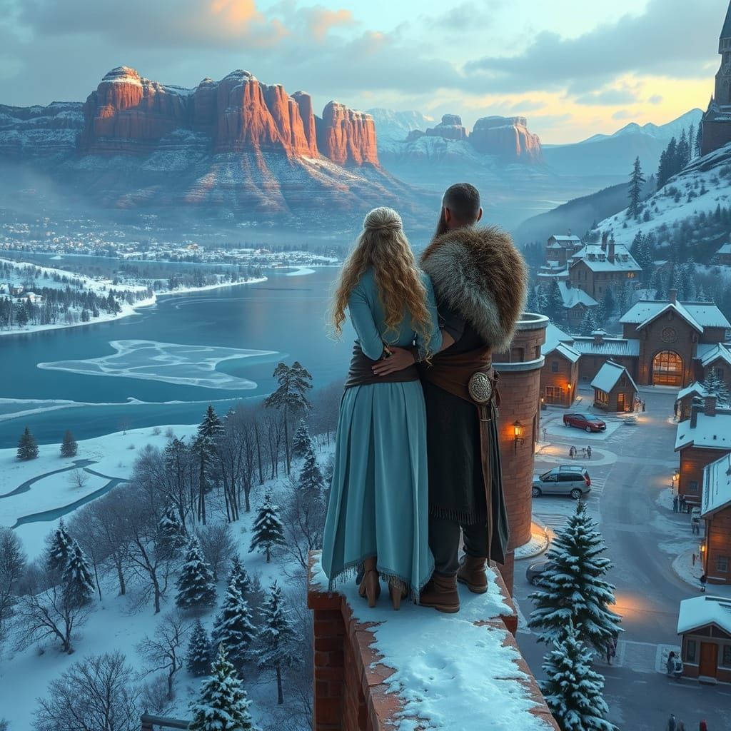 Snowy Sedona Rocks with Viking Couple, Digital Art