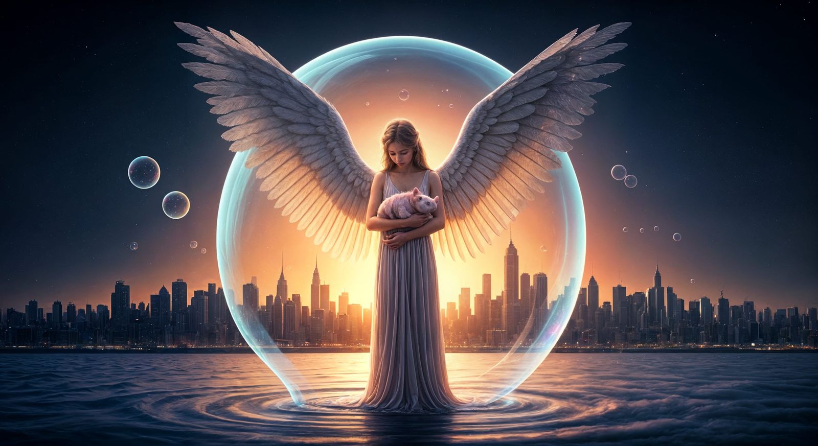 Angel Sheltering Rhino in Bubble Cityscape